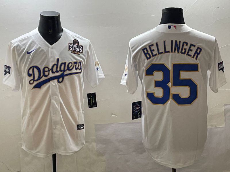 Men Los Angeles Dodgers 35 Bellinger White Gold Game 2025 Nike MLB Jersey style 6